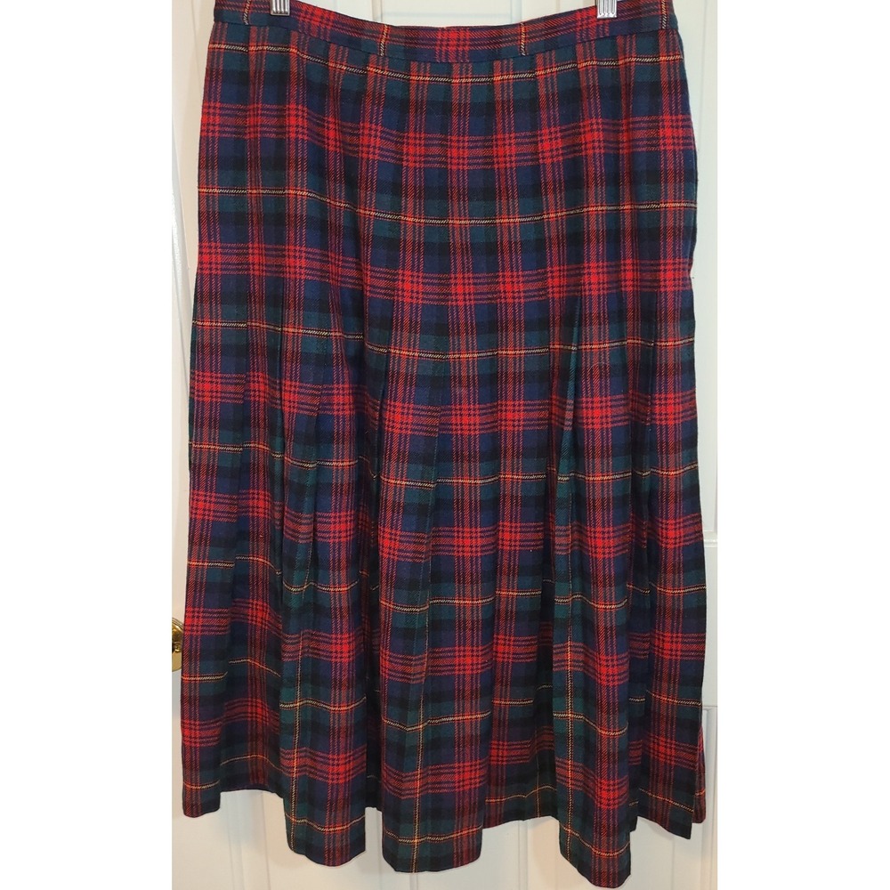 Vtg PENDLETON 100% wool midi skirt red blue sz 8 plaid Academic Pleated Skirt